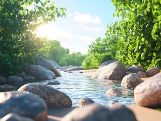 Serene Stream Rocks Lush Greenery Summer Sunlight Peaceful Nature Scene
