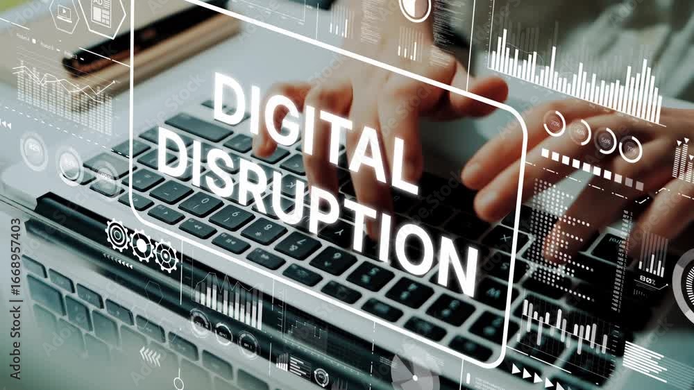 Poster hands on keyboard emphasizing digital disruption in modern technology and business landscape with da