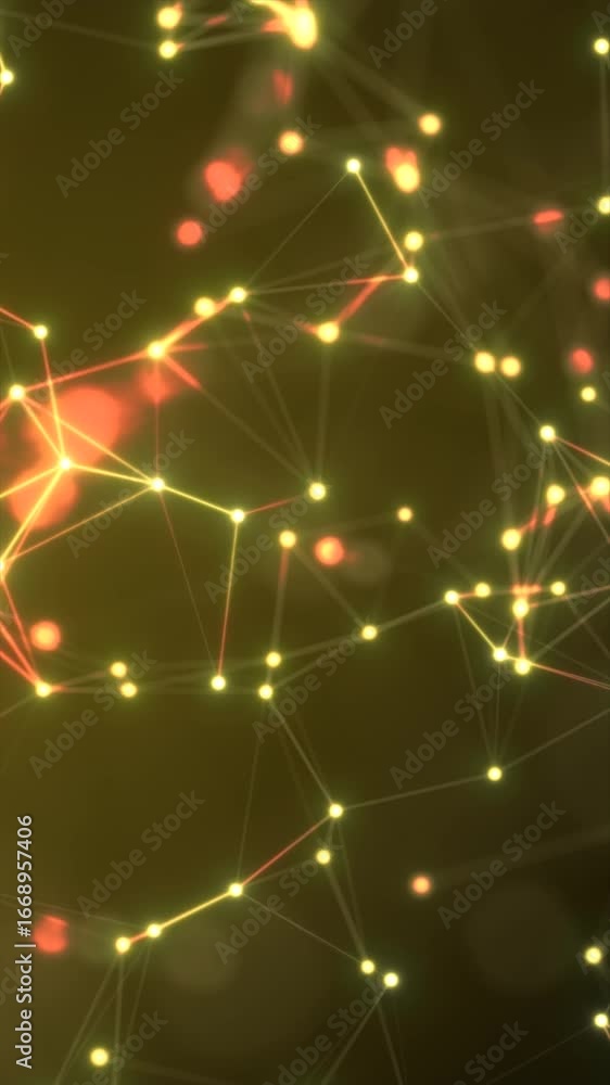 Poster abstract glowing yellow and red digital network with connected points and light particles on dark ba