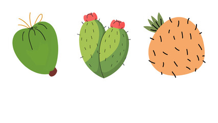 Charming trio of stylized cacti and a pineapple, bursting with vibrant desert charm and playful tropical vibes for your creative projects.
