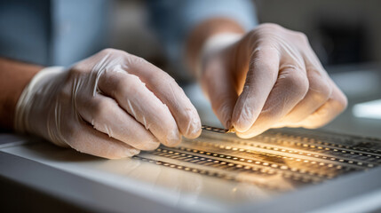 Hands wearing gloves handling photo negatives on light table for photography preservation and archiving