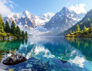 A breathtaking alpine lake reflecting snowy peaks under soft morning light. Ideal as a serene home screen wallpaper.