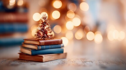 Books stacked with a small Christmas tree and blurred festive lights around