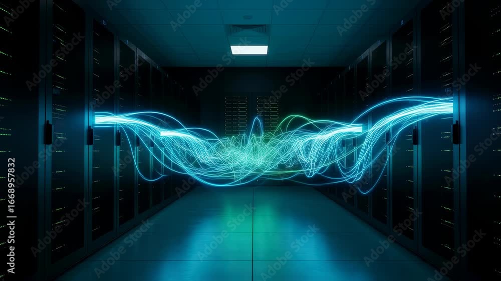Aufkleber digital data transfer visualization in a modern server room, representing network connectivity and i