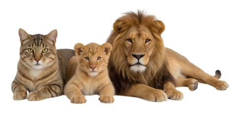 Feline Family: A captivating image showcasing the distinct personalities of a domestic cat, a lion cub, and a majestic lion, all together in a heartwarming portrait of family.