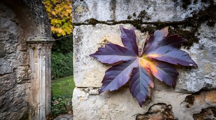 Autumn Leaf on Old Stone Wall Nature Photography