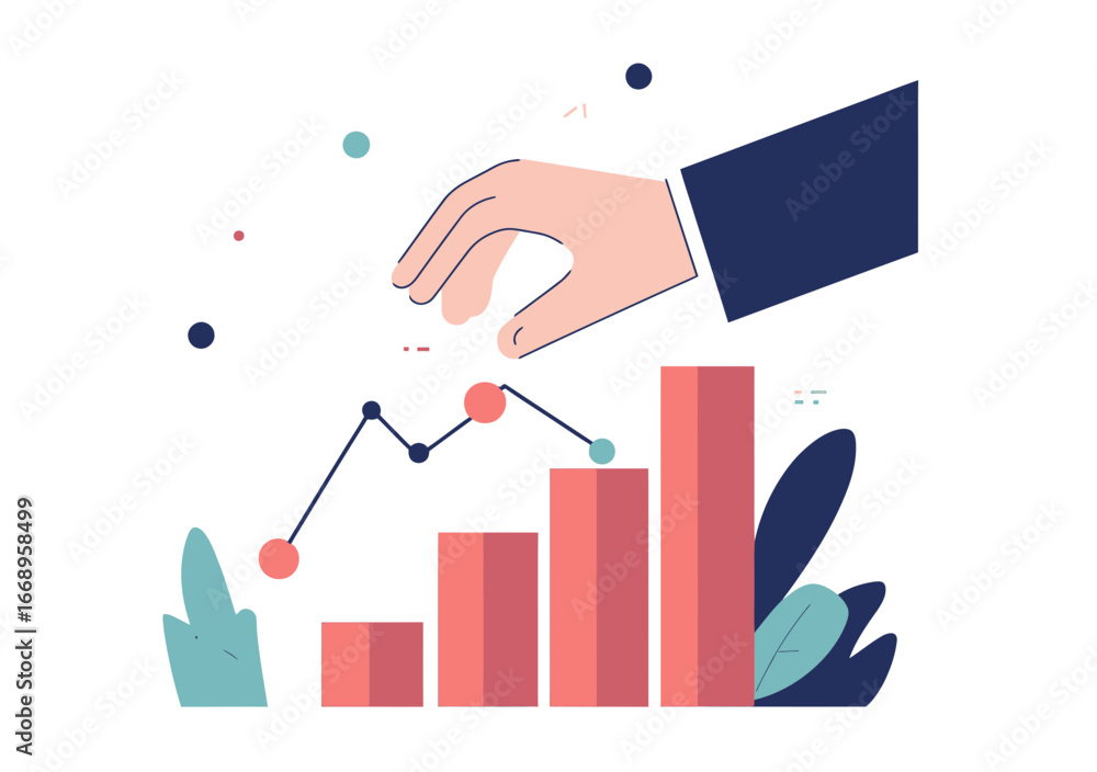 Poster hand adjusting red bar graph with connected data points, business growth chart concept with abstract