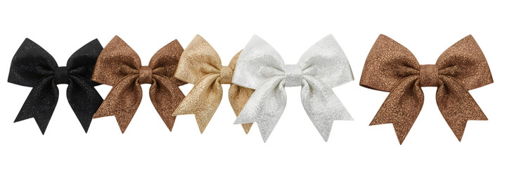 Colorful bows and accessories: A row of elegantly arranged ribbons of varying hues, evoking a sense of celebration, adorned in various colors in a display of festive charm and visual delight.