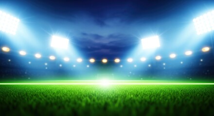 Obraz premium A vibrant stadium field bathed in bright spotlights, showcasing a dramatic night-time atmosphere.