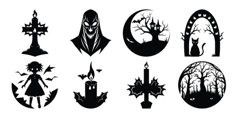 Fototapeta premium Set of Spooky Halloween Silhouettes for Crafts and Decorations in Black and White