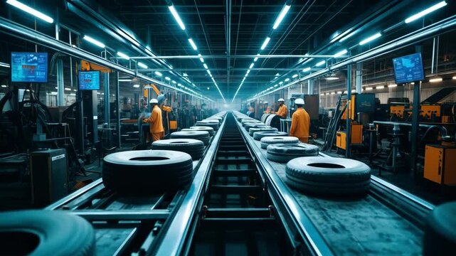 Car tires on a conveyor belt at a factory