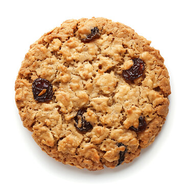 A single oatmeal raisin cookie with a golden-brown texture and embedded raisins.