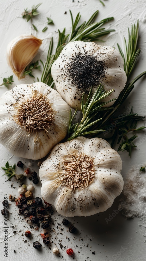 Poster fresh garlic bulbs with herbs and spices arranged for culinary preparation in a rustic style.