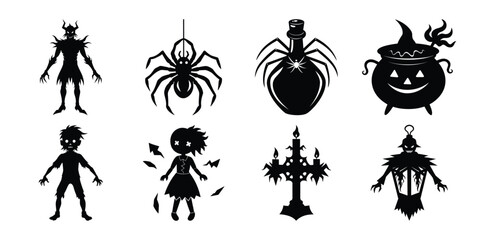 Spooky Halloween Silhouette Icons Monster Spider Witch Cauldron and More