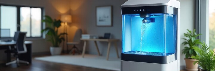A modern office water cooler dispenses chilled and room temperature water, featuring a sleek design and intuitive controls for easy use , office kitchen, drinking fountain, cooler
