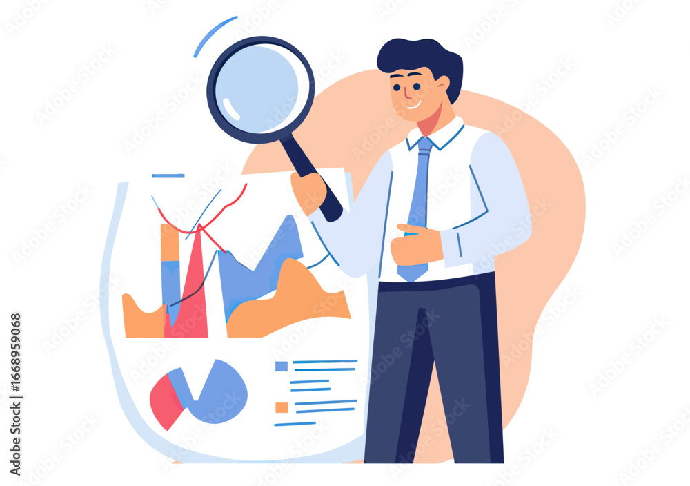 Poster business analyst man holding magnifying glass examining colorful bar graph line chart and pie chart 
