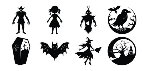 Fototapeta premium Spooky Halloween Silhouette Collection of Classic Horror Icons and Creatures