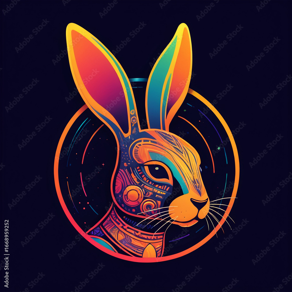 Poster vibrant rabbit with futuristic patterns and colors in digital art