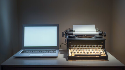 Modern laptop with glowing screen beside vintage typewriter on wooden desk, concept of technology evolution