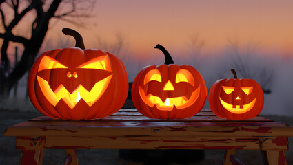Spooky Halloween Jack-o'-lanterns on rustic wooden table at sunset; 3D render.