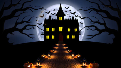 Eerie Halloween Castle: Jack-o'-lanterns Light Path to Haunted Mansion under Full Moon, Bats Flying.
