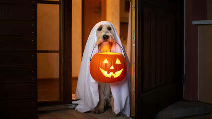 Adorable Ghost Dog with Jack-o'-Lantern Trick-or-Treating on Halloween Night