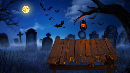 Spooky Halloween Cemetery Scene: Weathered Wooden Table, Glowing Lantern, Bats, Full Moon
