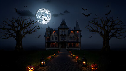 Eerie Victorian Mansion, Halloween Night: Full Moon, Bats, Jack-o'-lanterns, Cobblestone Path.