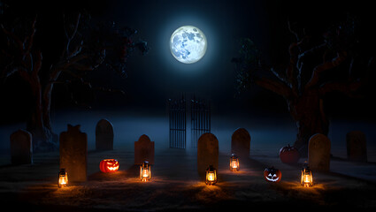 Eerie Halloween Cemetery Scene: Jack-o'-lanterns, lanterns, and gravestones under a full moon.