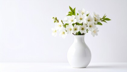 White ceramic vase with blooming white magnolia branches, featuring large petals and yellow stamens, arranged elegantly against a plain white background for a serene, minimalist floral composition.
