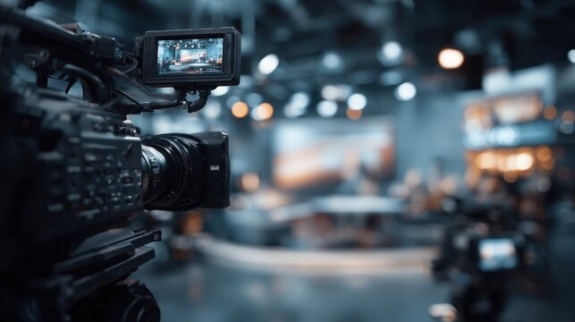 Professional video camera in cinematic composition with news studio blurred background, live television show setting featuring business interview concept. Broadcast equipment.
