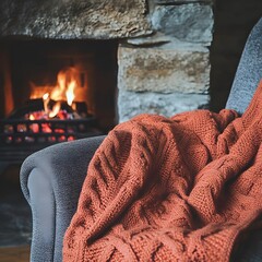 Cozy Autumn Fireplace Scene with Knitted Throw Blanket on Armchair