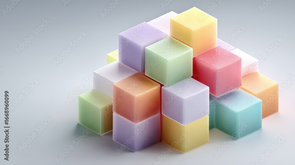Poster stack of pastel colored textured cubes creates a towering geometric structure on a soft grey backgro