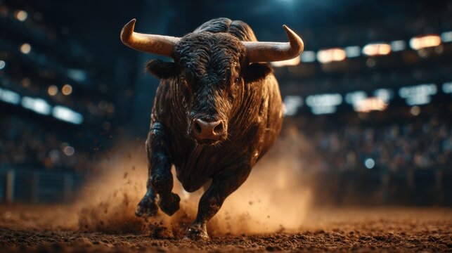 Dynamic image of a bull charging through a rodeo arena, capturing the energy and intensity of this traditional Western sport.