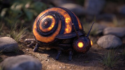 Rendered mechanical snail with metallic body and glowing orange shell on dirt ground