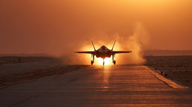Stealth fighter jet taking off from desert airbase at dusk with glowing afterburners.