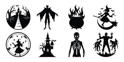Fototapeta premium Halloween Silhouette Vector Set with Spooky Characters and Elements for Design