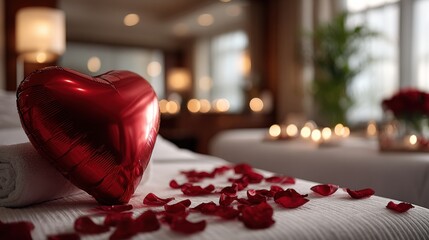 Romantic spa setting with red heart balloon and rose petals on a massage table, ideal for Valentine’s Day promotions and honeymoon packages.