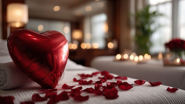 Romantic spa setting with red heart balloon and rose petals on a massage table, ideal for Valentine’s Day promotions and honeymoon packages.