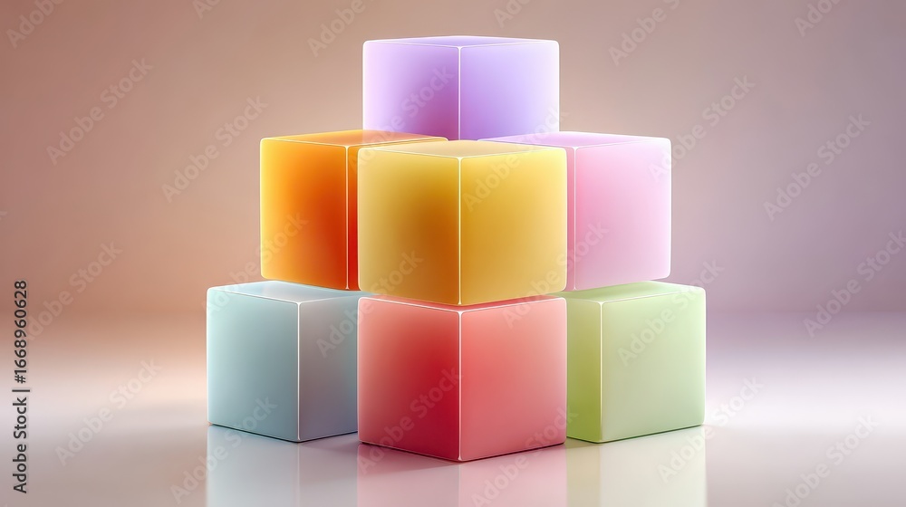 Poster stack of pastel colored textured cubes creates a towering geometric structure on a soft grey backgro