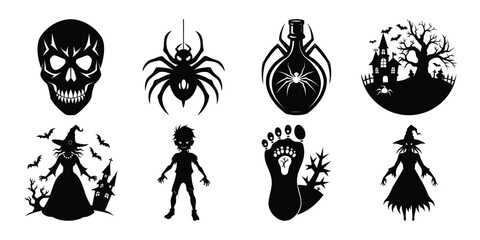 Halloween Silhouettes Spooky Skull Spider Haunted House Witch Zombie and Footprint Designs