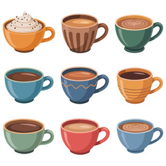 Tea coffee mugs crockery kitchen utensils isolated vector illustration on white background