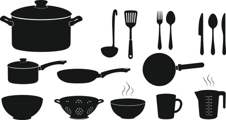 Kitchen utensil silhouettes, cookware icons, black vector set, food prep tools, CAD drawing, flat illustration, culinary equipment, stock image