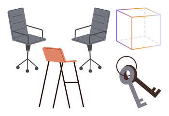 Office chairs, orange bar stool, cube outline, and two vintage keys combine to evoke creativity, security, and structure. Ideal for office, business, design innovation ownership teamwork simple