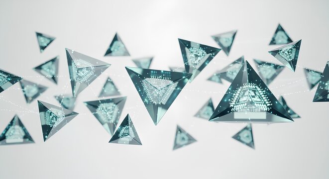 Futuristic technology concept with floating digital pyramids and circuit patterns design