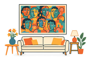 Abstract face portraits comprising shapes and doodles, presented as decorative hand-drawn vector illustrations for wall art, embodying a cubist aesthetic in male and female designs suitable for