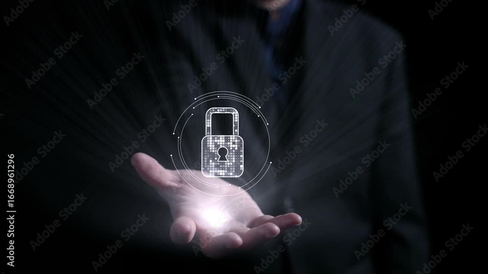 Poster this image illustrates the concept of data protection using a digital lock and graphics to show secu