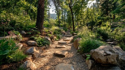 A serene forest path winding through lush greenery, dappled sunlight creating a tranquil ambiance.