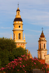 View of the emblematic churches on the top of the hill in Menton, France