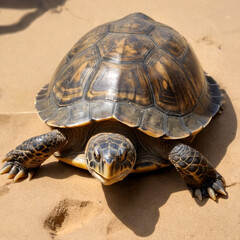 Obraz premium Turtle exploring sandy shore at sunlit beach during late afternoon